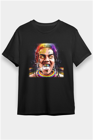 6ix9ine Baskılı Unisex Siyah Tişört - Tshirt
