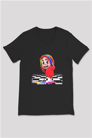 6ix9ine Baskılı Unisex Siyah V Yaka Tişört - Tshirt