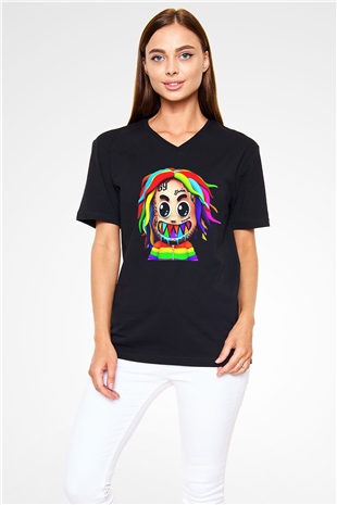 6ix9ine Baskılı Unisex Siyah V Yaka Tişört - Tshirt