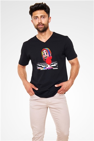 6ix9ine Baskılı Unisex Siyah V Yaka Tişört - Tshirt