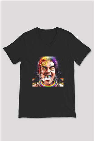 6ix9ine Baskılı Unisex Siyah V Yaka Tişört - Tshirt