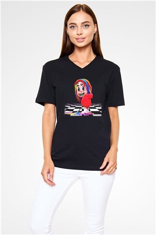 6ix9ine Baskılı Unisex Siyah V Yaka Tişört - Tshirt