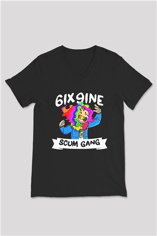 6ix9ine Baskılı Unisex Siyah V Yaka Tişört - Tshirt