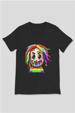 6ix9ine Baskılı Unisex Siyah V Yaka Tişört - Tshirt