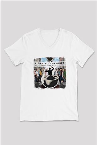 A Day to remember Baskılı Unisex Beyaz V Yaka Tişört