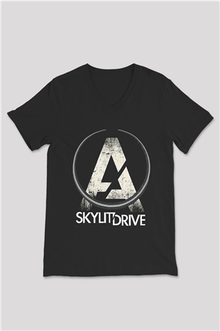 A Skylit Drive Baskılı Unisex Siyah V Yaka Tişört - Tshirt