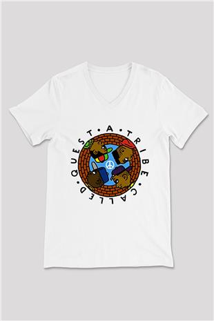 A Tribe Called Quest Baskılı Beyaz Unisex V Yaka Tişört - Tshirt