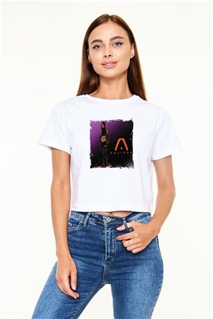 Aaliyah Baskılı Beyaz Kadın Crop Top Tişört