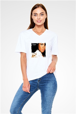 Aaliyah Baskılı Beyaz V Yaka Unisex Tişört