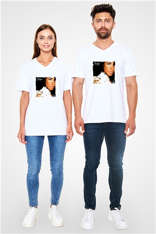 Aaliyah Baskılı Beyaz V Yaka Unisex Tişört