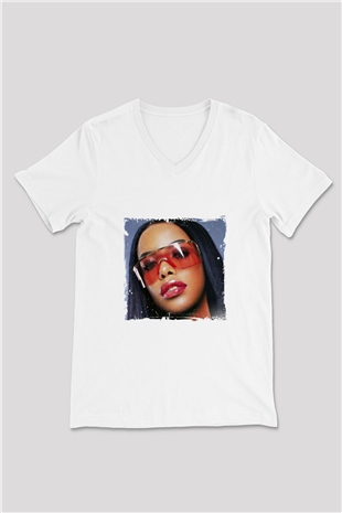 Aaliyah Baskılı Beyaz V Yaka Unisex Tişört