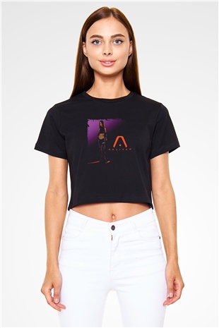 Aaliyah Baskılı Crop Top Siyah Kadın Tişört
