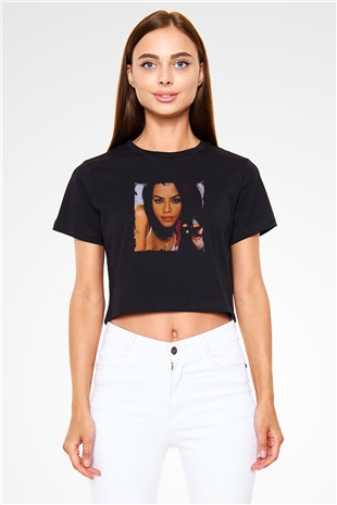 Aaliyah Baskılı Crop Top Siyah Kadın Tişört