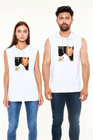 Aaliyah Baskılı Unisex Beyaz Kapüşonlu Kolsuz Tişört