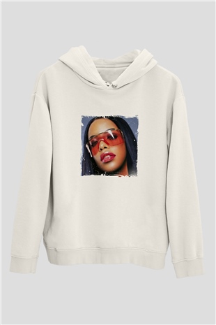 Aaliyah Baskılı Unisex Beyaz Kapüşonlu Sweatshirt