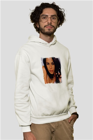 Aaliyah Baskılı Unisex Beyaz Kapüşonlu Sweatshirt