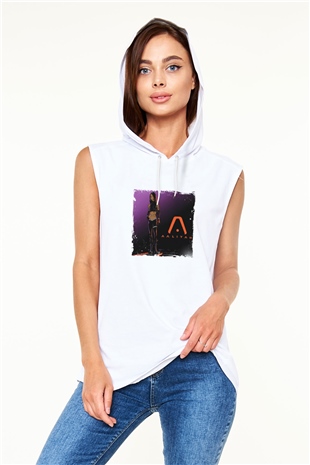Aaliyah Baskılı Unisex Beyaz Kapüşonlu Kolsuz Tişört