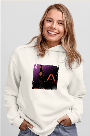 Aaliyah Baskılı Unisex Beyaz Kapüşonlu Sweatshirt