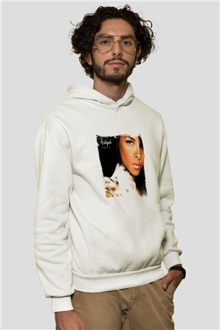 Aaliyah Baskılı Unisex Beyaz Kapüşonlu Sweatshirt