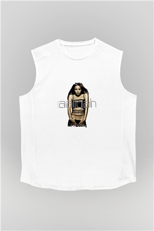 Aaliyah Baskılı Unisex Beyaz Kolsuz Tişört