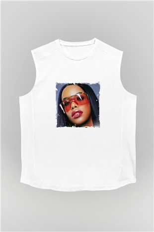Aaliyah Baskılı Unisex Beyaz Kolsuz Tişört