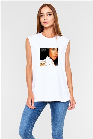 Aaliyah Baskılı Unisex Beyaz Kolsuz Tişört