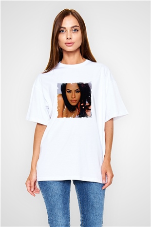 Aaliyah Baskılı Oversize Beyaz Tişört
