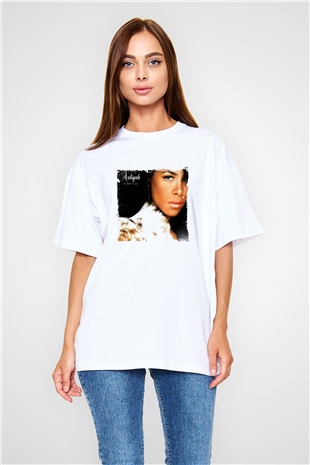 Aaliyah Baskılı Oversize Beyaz Tişört