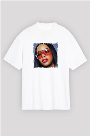Aaliyah Baskılı Oversize Beyaz Tişört