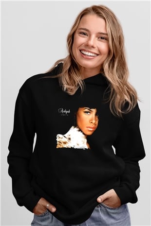 Aaliyah Baskılı Unisex Siyah Hoodie