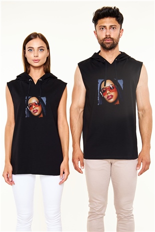 Aaliyah Baskılı Unisex Siyah Kapüşonlu Kolsuz Tişört