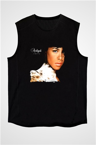 Aaliyah Baskılı Unisex Siyah Kolsuz Tişört
