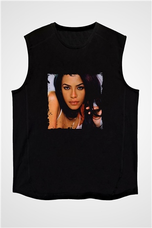 Aaliyah Baskılı Unisex Siyah Kolsuz Tişört