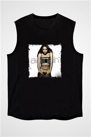 Aaliyah Baskılı Unisex Siyah Kolsuz Tişört