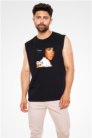 Aaliyah Baskılı Unisex Siyah Kolsuz Tişört