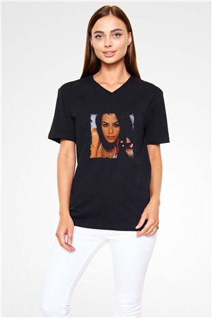 Aaliyah Baskılı Unisex Siyah V Yaka Tişört