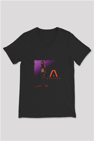 Aaliyah Baskılı Unisex Siyah V Yaka Tişört