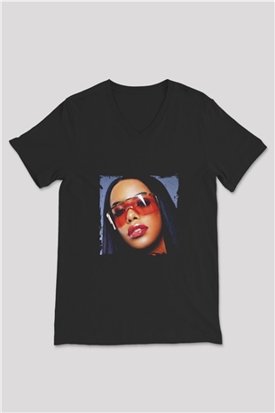 Aaliyah Baskılı Unisex Siyah V Yaka Tişört