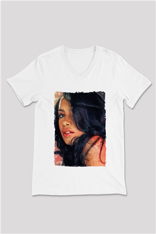 Aaliyah Beyaz Unisex V Yaka Tişört