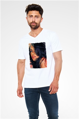 Aaliyah Beyaz Unisex V Yaka Tişört