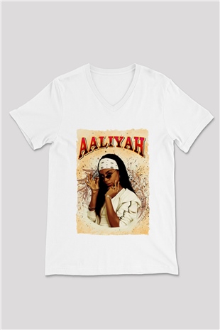 Aaliyah Beyaz Unisex V Yaka Tişört