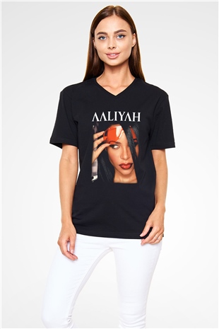 Aaliyah Siyah Unisex V Yaka Tişört T-Shirt