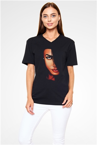 Aaliyah Siyah Unisex V Yaka Tişört T-Shirt