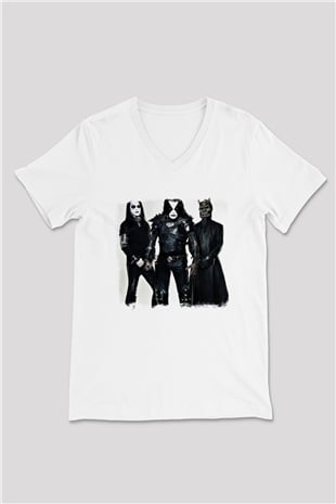 Abbath Baskılı Unisex Beyaz V Yaka Tişört