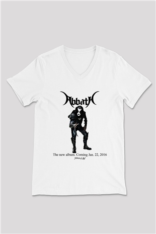 Abbath Baskılı Unisex Beyaz V Yaka Tişört
