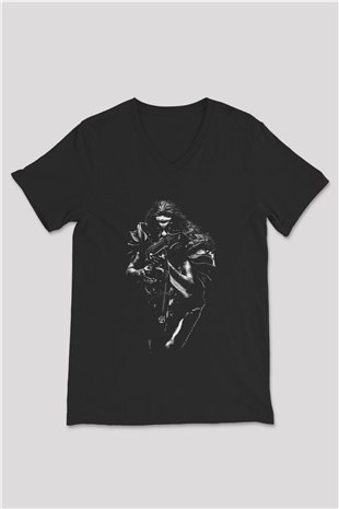 Abbath Baskılı Unisex Siyah V Yaka Tişört
