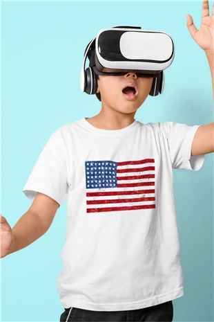 ABD Baskılı Beyaz Unisex Çocuk Tişört
