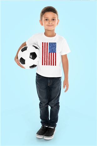 ABD Baskılı Beyaz Unisex Çocuk Tişört