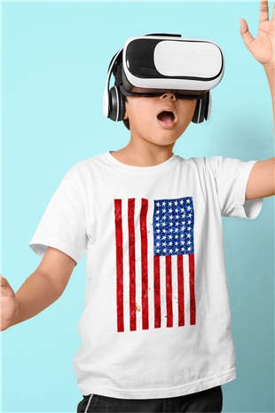 ABD Baskılı Beyaz Unisex Çocuk Tişört