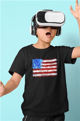 ABD Baskılı Siyah Unisex Çocuk Tişört